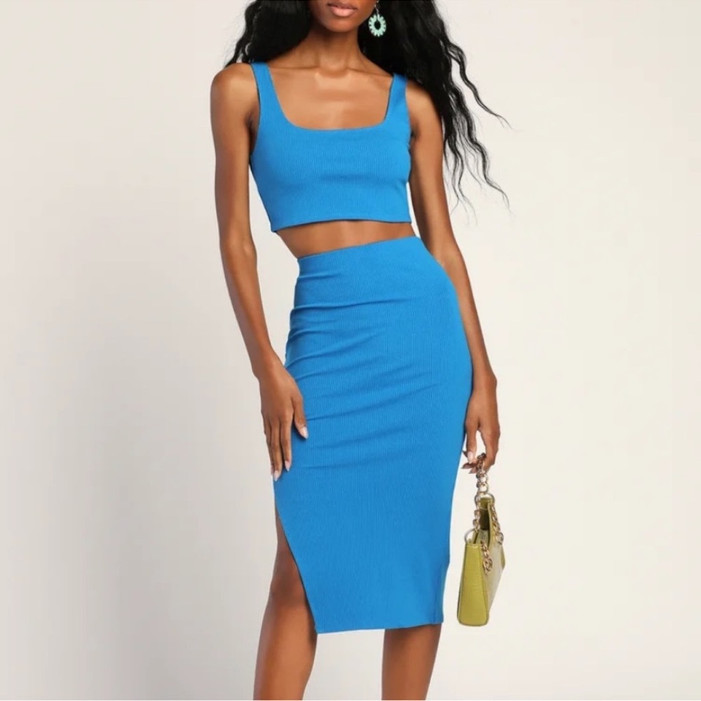 Lulus Set For Life Cobalt Blue Ribbed Two Piece Dress Skirt Crop Top